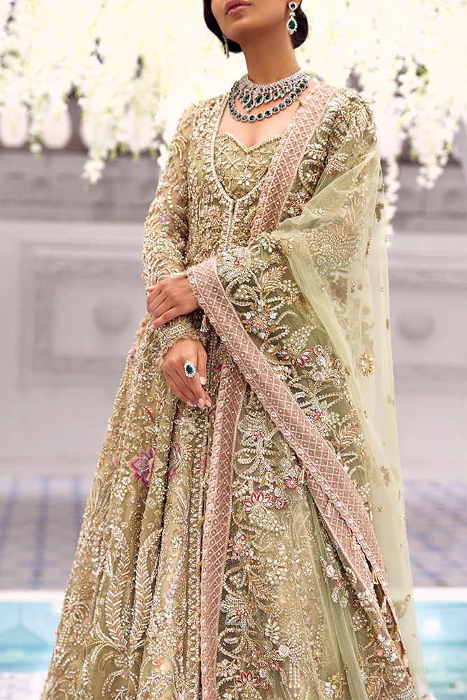 Suffuse Iris Bridal Couture: Exquisite Hand-Embroidered Organza Lehenga with Swarovski Crystals