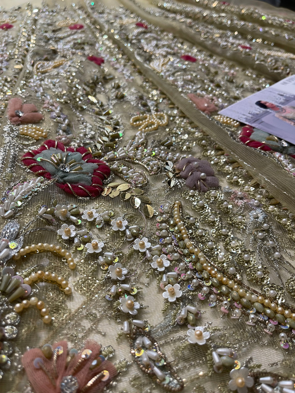 Suffuse Iris Bridal Couture: Exquisite Hand-Embroidered Organza Lehenga with Swarovski Crystals