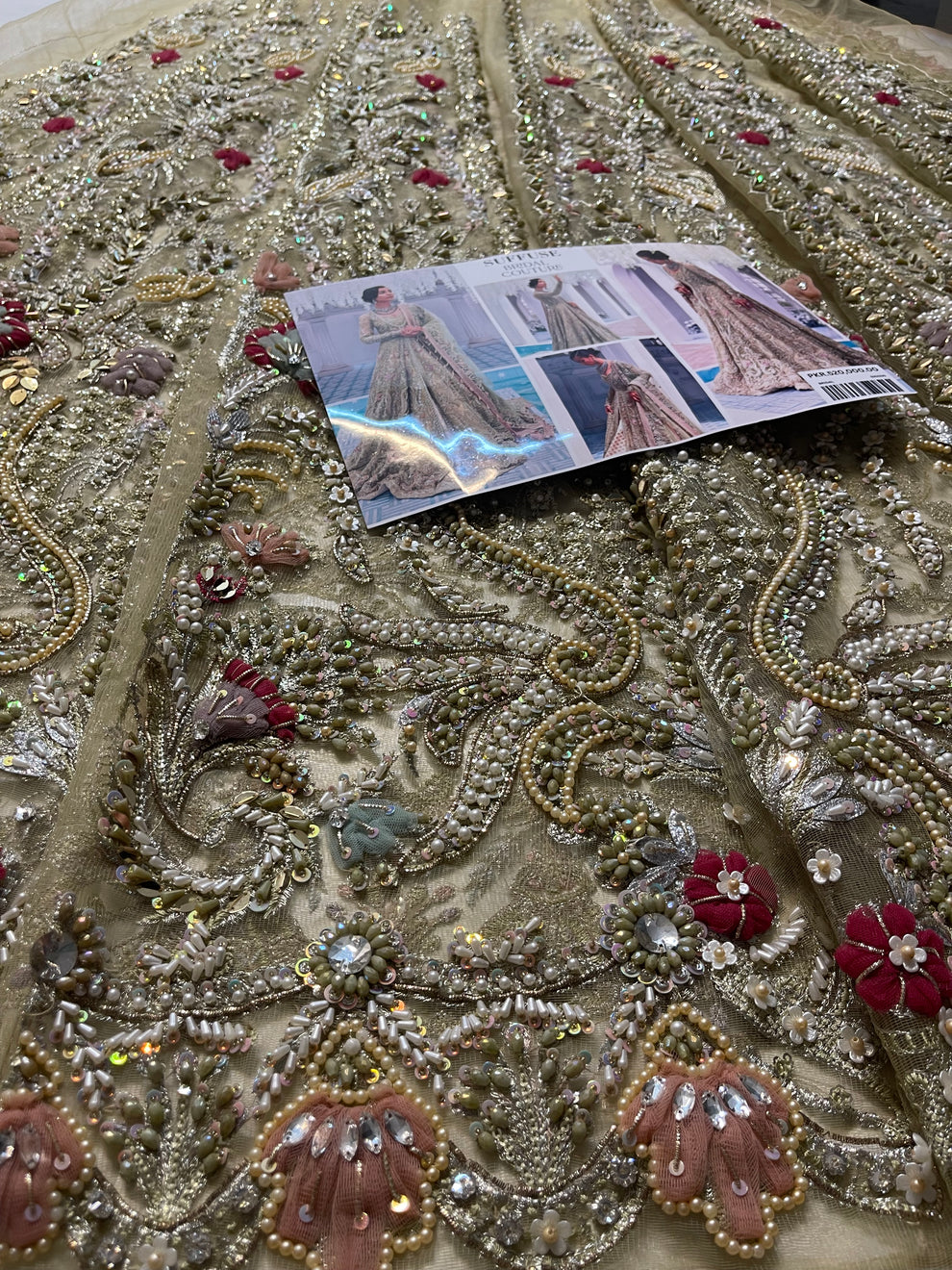 Suffuse Iris Bridal Couture: Exquisite Hand-Embroidered Organza Lehenga with Swarovski Crystals