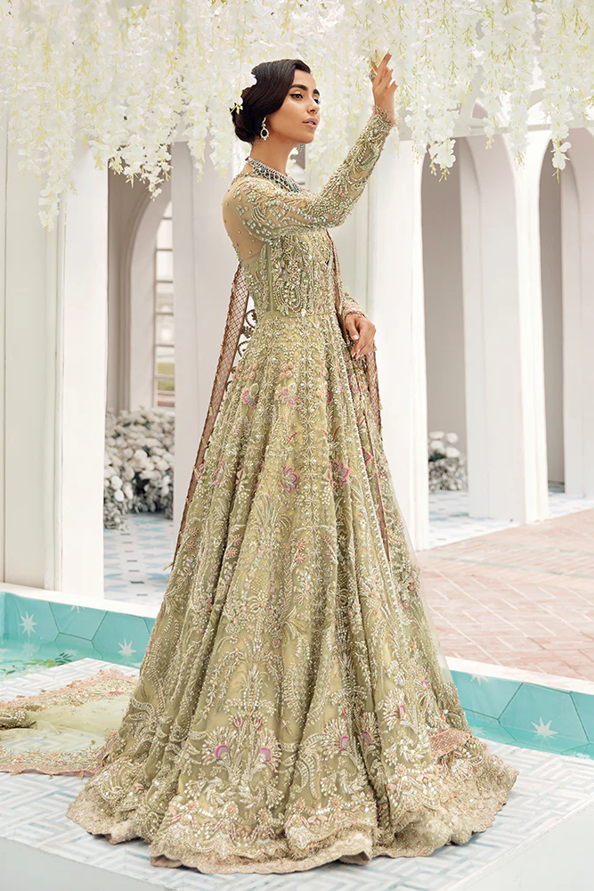 Suffuse Iris Bridal Couture: Exquisite Hand-Embroidered Organza Lehenga with Swarovski Crystals