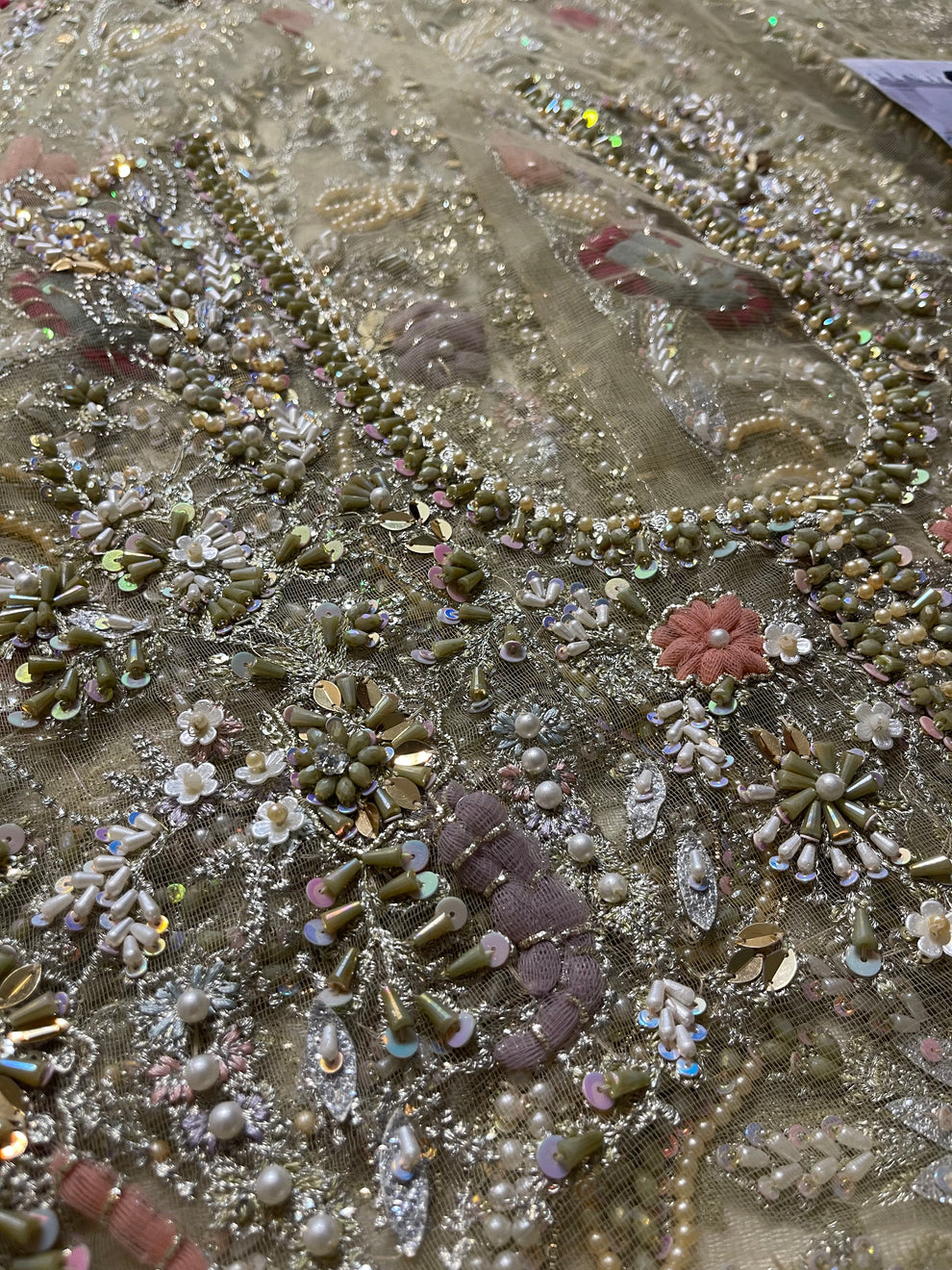 Suffuse Iris Bridal Couture: Exquisite Hand-Embroidered Organza Lehenga with Swarovski Crystals