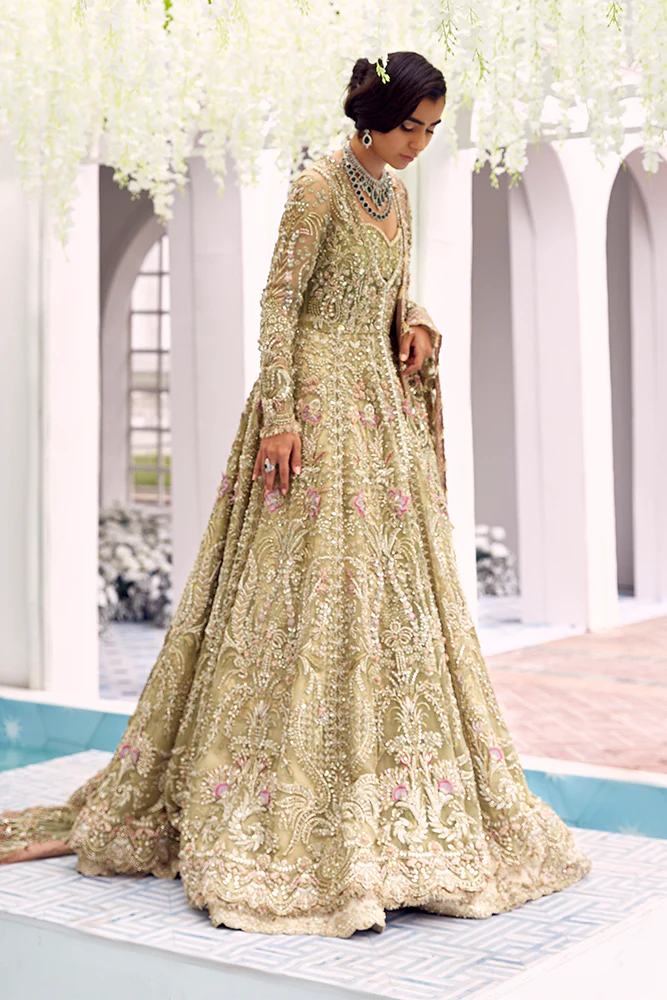 Suffuse Iris Bridal Couture: Exquisite Hand-Embroidered Organza Lehenga with Swarovski Crystals