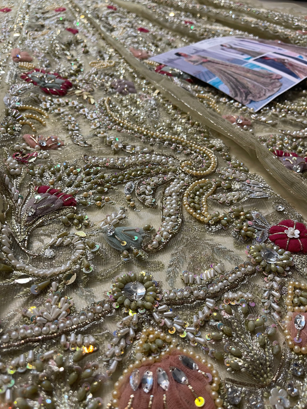 Suffuse Iris Bridal Couture: Exquisite Hand-Embroidered Organza Lehenga with Swarovski Crystals