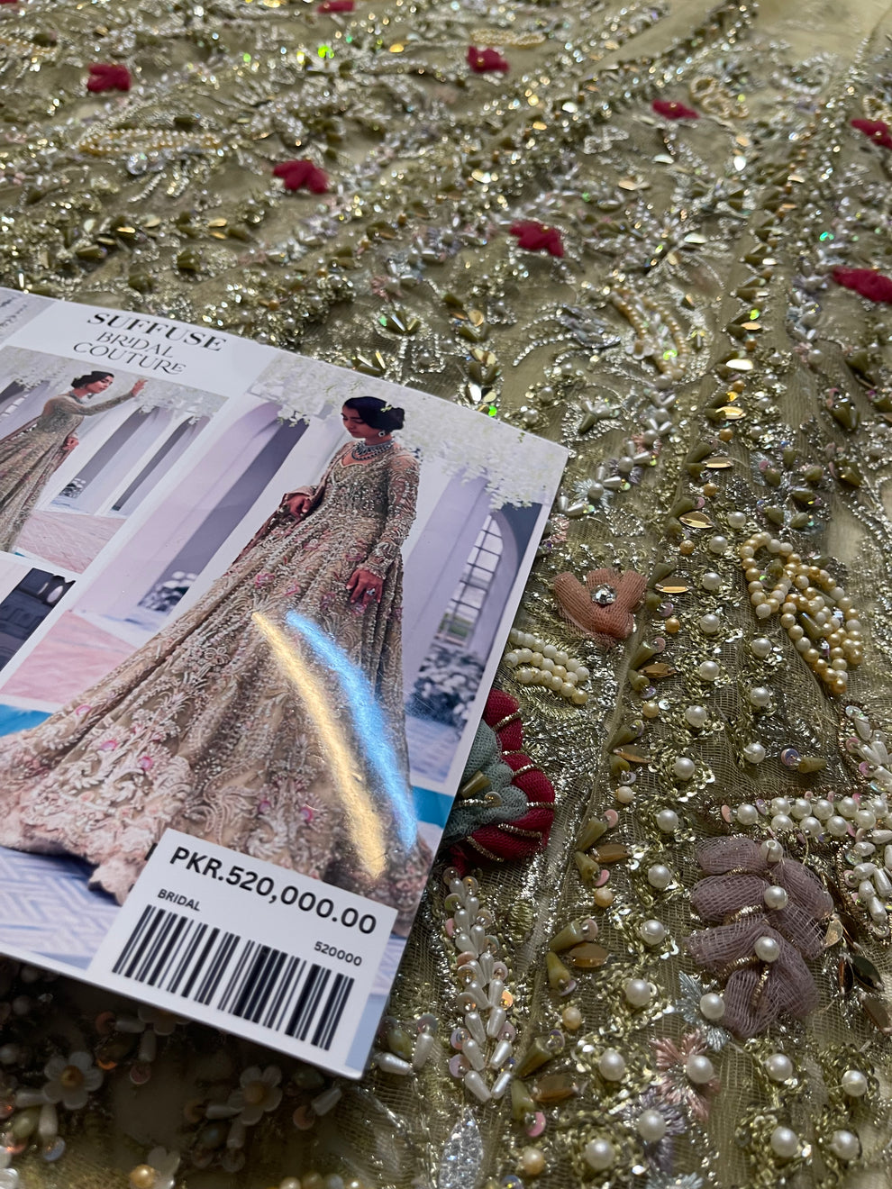 Suffuse Iris Bridal Couture: Exquisite Hand-Embroidered Organza Lehenga with Swarovski Crystals