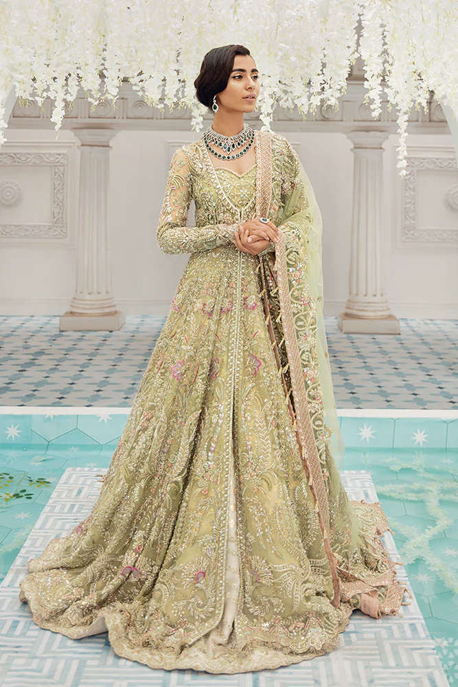 Suffuse Iris Bridal Couture: Exquisite Hand-Embroidered Organza Lehenga with Swarovski Crystals