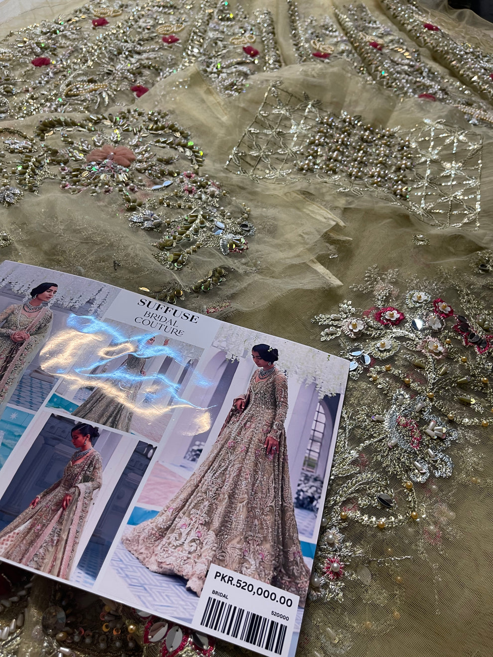 Suffuse Iris Bridal Couture: Exquisite Hand-Embroidered Organza Lehenga with Swarovski Crystals