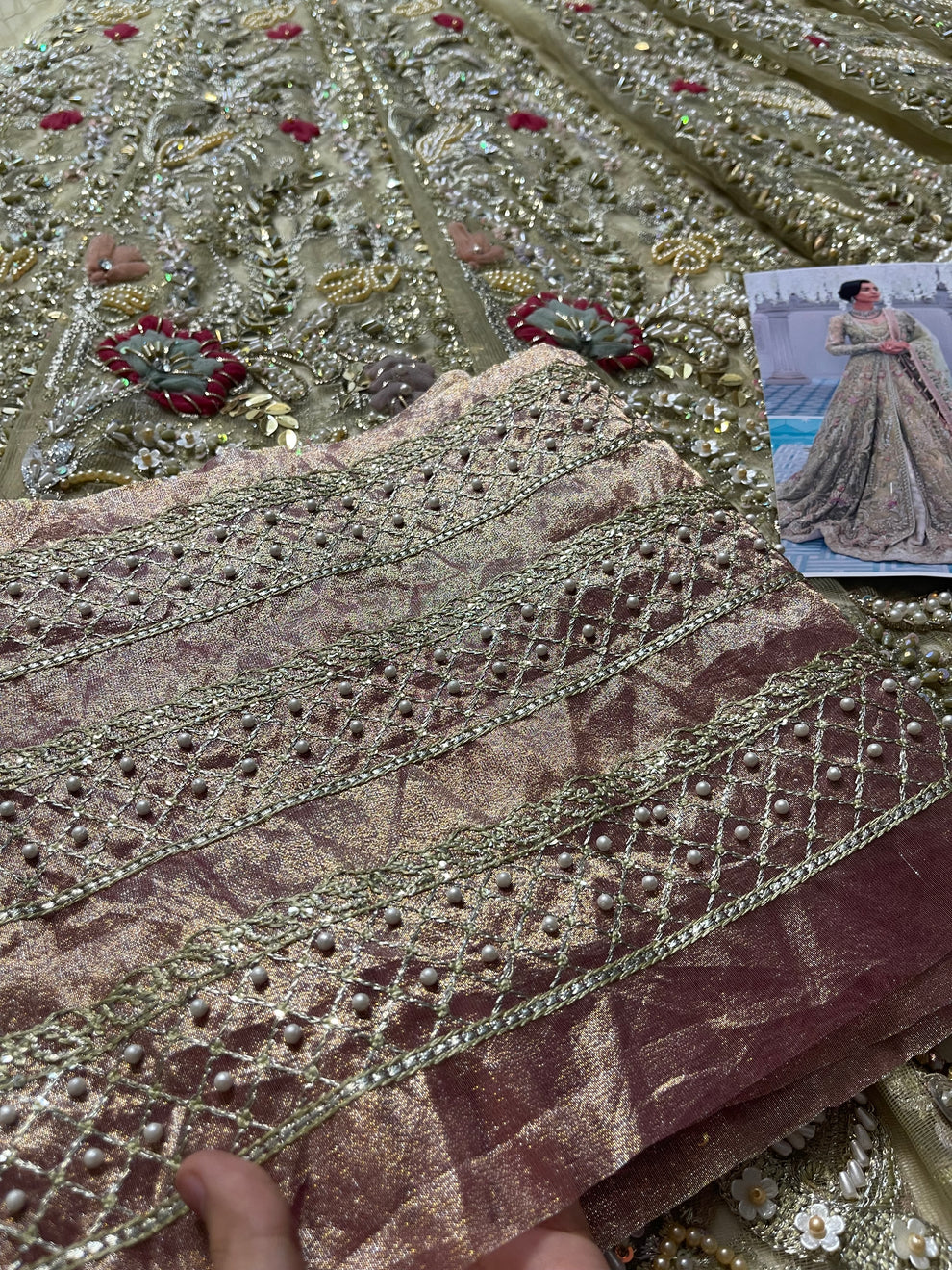 Suffuse Iris Bridal Couture: Exquisite Hand-Embroidered Organza Lehenga with Swarovski Crystals